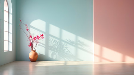 Minimalist room with pink textured walls, sunlight casting shadows, wooden table and vibrant floral vase