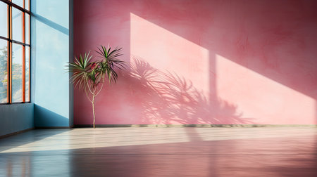 Minimalist room with pink textured walls, sunlight casting shadows, wooden table and vibrant floral vaseの素材