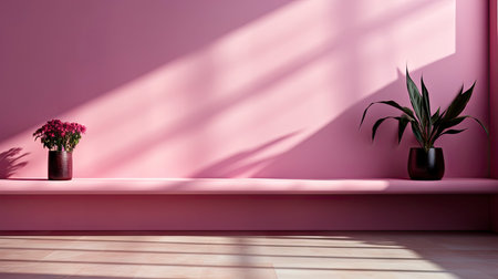 Minimalist room with pink textured walls, sunlight casting shadows, wooden table and vibrant floral vaseの素材