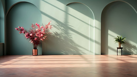 Minimalist room with pink textured walls, sunlight casting shadows, wooden table and vibrant floral vaseの素材