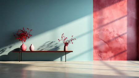 Minimalist room with pink textured walls, sunlight casting shadows, wooden table and vibrant floral vaseの素材