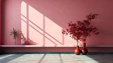 Minimalist room with pink textured walls, sunlight casting shadows, wooden table and vibrant floral vaseの素材