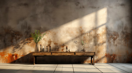 Loft-style room with rustic wall, sunlight beams, wooden table, candles, and autumnal foliage accentsの素材