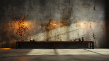 Loft-style room with rustic wall, sunlight beams, wooden table, candles, and autumnal foliage accentsの素材