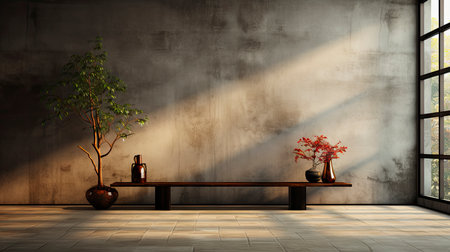 Loft-style room with rustic wall, sunlight beams, wooden table, candles, and autumnal foliage accentsの素材