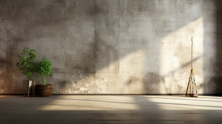 Loft-style room with rustic wall, sunlight beams, wooden table, candles, and autumnal foliage accentsの素材