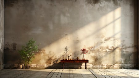 Loft-style room with rustic wall, sunlight beams, wooden table, candles, and autumnal foliage accentsの素材