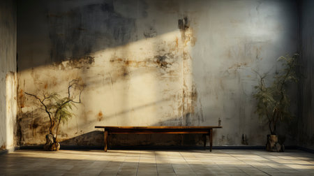 Loft-style room with rustic wall, sunlight beams, wooden table, candles, and autumnal foliage accentsの素材