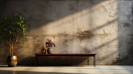 Loft-style room with rustic wall, sunlight beams, wooden table, candles, and autumnal foliage accentsの素材