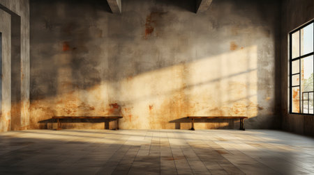 Loft-style room with rustic wall, sunlight beams, wooden table, candles, and autumnal foliage accentsの素材