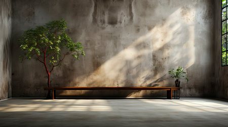 Loft-style room with rustic wall, sunlight beams, wooden table, candles, and autumnal foliage accentsの素材