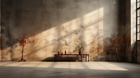 Loft-style room with rustic wall, sunlight beams, wooden table, candles, and autumnal foliage accentsの素材