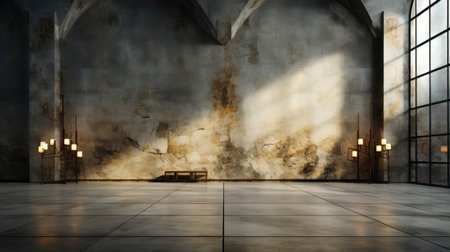 Loft-style room with rustic wall, sunlight beams, wooden table, candles, and autumnal foliage accentsの素材