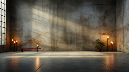 Loft-style room with rustic wall, sunlight beams, wooden table, candles, and autumnal foliage accentsの素材