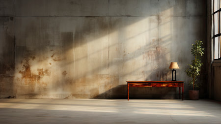 Loft-style room with rustic wall, sunlight beams, wooden table, candles, and autumnal foliage accentsの素材