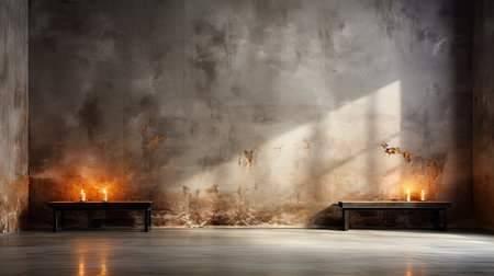 Loft-style room with rustic wall, sunlight beams, wooden table, candles, and autumnal foliage accentsの素材