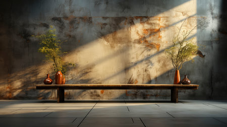 Loft-style room with rustic wall, sunlight beams, wooden table, candles, and autumnal foliage accentsの素材