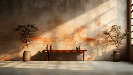 Loft-style room with rustic wall, sunlight beams, wooden table, candles, and autumnal foliage accentsの素材