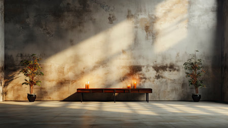 Loft-style room with rustic wall, sunlight beams, wooden table, candles, and autumnal foliage accentsの素材