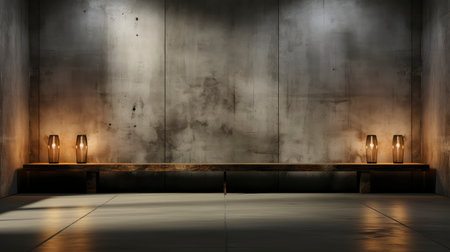 Loft-style room with rustic wall, sunlight beams, wooden table, candles, and autumnal foliage accentsの素材