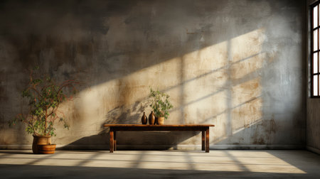 Loft-style room with rustic wall, sunlight beams, wooden table, candles, and autumnal foliage accentsの素材