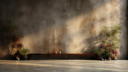 Loft-style room with rustic wall, sunlight beams, wooden table, candles, and autumnal foliage accentsの素材