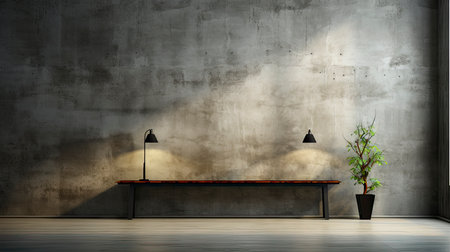 Loft-style room with rustic wall, sunlight beams, wooden table, candles, and autumnal foliage accentsの素材