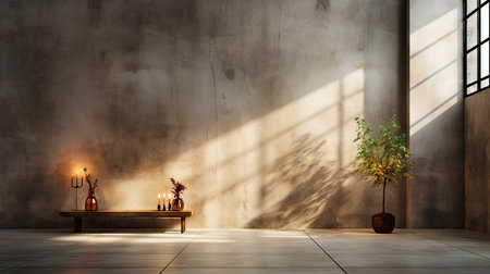 Loft-style room with rustic wall, sunlight beams, wooden table, candles, and autumnal foliage accentsの素材