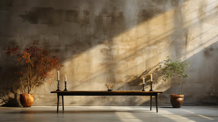 Loft-style room with rustic wall, sunlight beams, wooden table, candles, and autumnal foliage accentsの素材