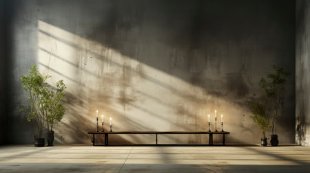 Loft-style room with rustic wall, sunlight beams, wooden table, candles, and autumnal foliage accentsの素材