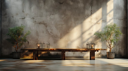 Loft-style room with rustic wall, sunlight beams, wooden table, candles, and autumnal foliage accentsの素材