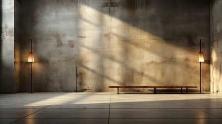 Loft-style room with rustic wall, sunlight beams, wooden table, candles, and autumnal foliage accentsの素材
