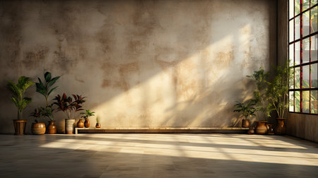 Loft-style room with rustic wall, sunlight beams, wooden table, candles, and autumnal foliage accentsの素材