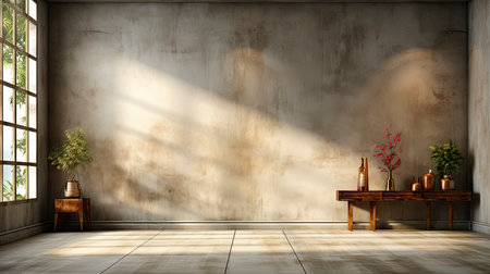 Loft-style room with rustic wall, sunlight beams, wooden table, candles, and autumnal foliage accentsの素材