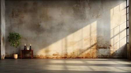 Loft-style room with rustic wall, sunlight beams, wooden table, candles, and autumnal foliage accentsの素材