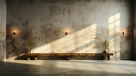 Loft-style room with rustic wall, sunlight beams, wooden table, candles, and autumnal foliage accentsの素材