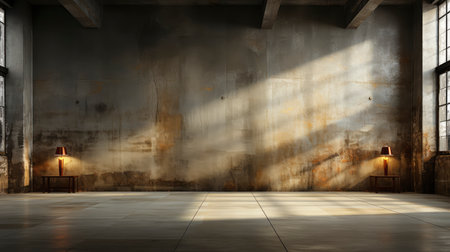 Loft-style room with rustic wall, sunlight beams, wooden table, candles, and autumnal foliage accentsの素材