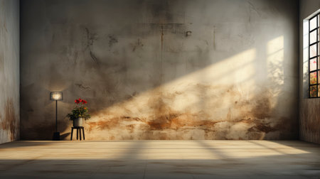 Loft-style room with rustic wall, sunlight beams, wooden table, candles, and autumnal foliage accentsの素材