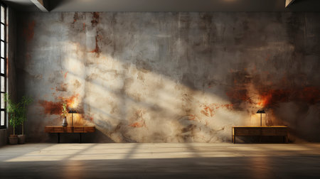 Loft-style room with rustic wall, sunlight beams, wooden table, candles, and autumnal foliage accentsの素材