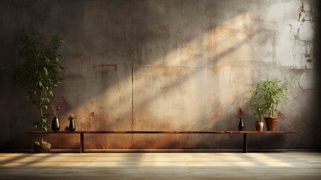 Soothing loft space with sunlit wall, potted plants, and rustic vases, showcasing a serene and minimalist ambianceの素材
