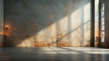 Soothing loft space with sunlit wall, potted plants, and rustic vases, showcasing a serene and minimalist ambianceの素材