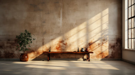 Soothing loft space with sunlit wall, potted plants, and rustic vases, showcasing a serene and minimalist ambianceの素材