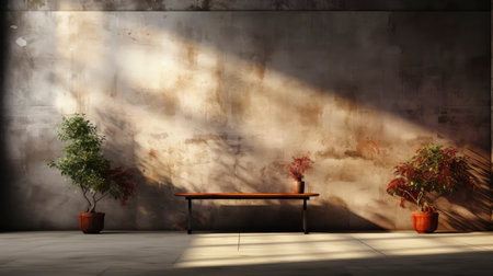 Soothing loft space with sunlit wall, potted plants, and rustic vases, showcasing a serene and minimalist ambianceの素材