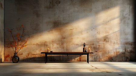 Soothing loft space with sunlit wall, potted plants, and rustic vases, showcasing a serene and minimalist ambianceの素材