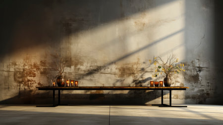 Soothing loft space with sunlit wall, potted plants, and rustic vases, showcasing a serene and minimalist ambianceの素材