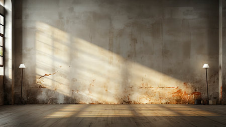 Soothing loft space with sunlit wall, potted plants, and rustic vases, showcasing a serene and minimalist ambianceの素材