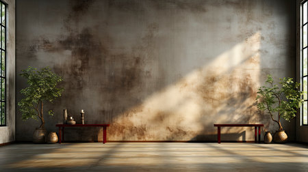 Soothing loft space with sunlit wall, potted plants, and rustic vases, showcasing a serene and minimalist ambianceの素材