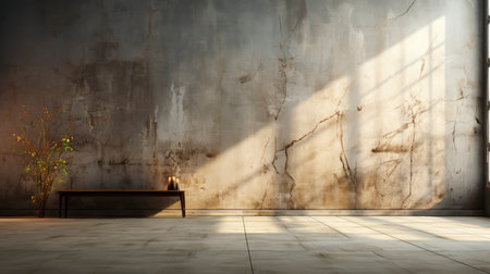 Soothing loft space with sunlit wall, potted plants, and rustic vases, showcasing a serene and minimalist ambianceの素材