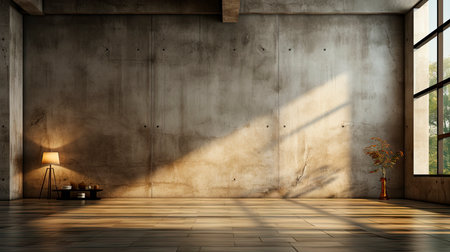 Soothing loft space with sunlit wall, potted plants, and rustic vases, showcasing a serene and minimalist ambianceの素材