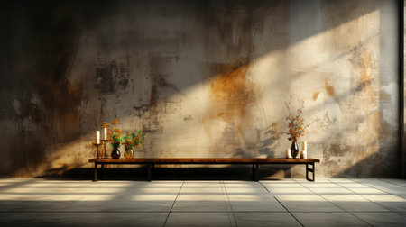 Soothing loft space with sunlit wall, potted plants, and rustic vases, showcasing a serene and minimalist ambianceの素材